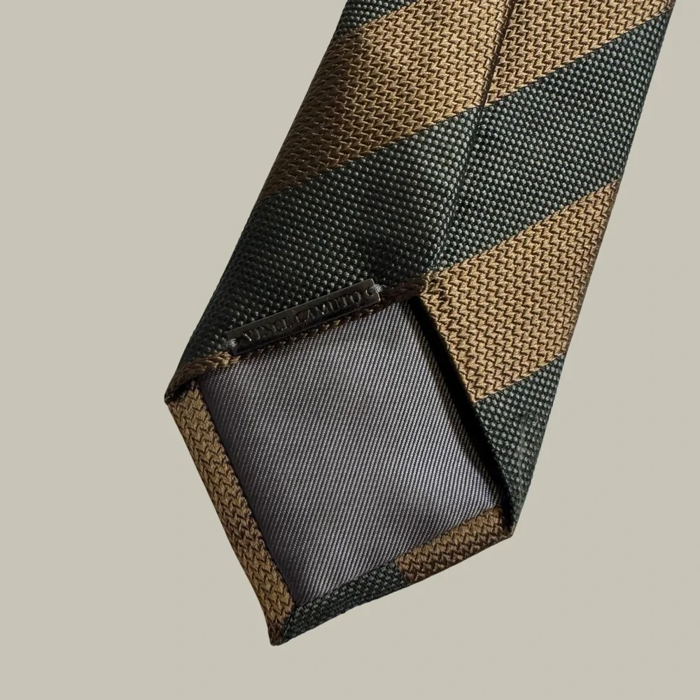 Vince Camuto Mens Silk Necktie Brown Green Diagonal Striped Textured Handmade